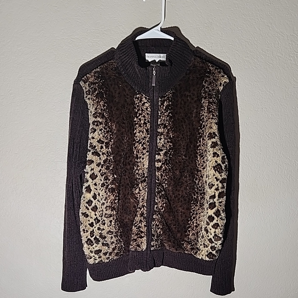 Drapers & Damons Petite Womens Jacket PL Brown Faux Fur Leopard Print Zip